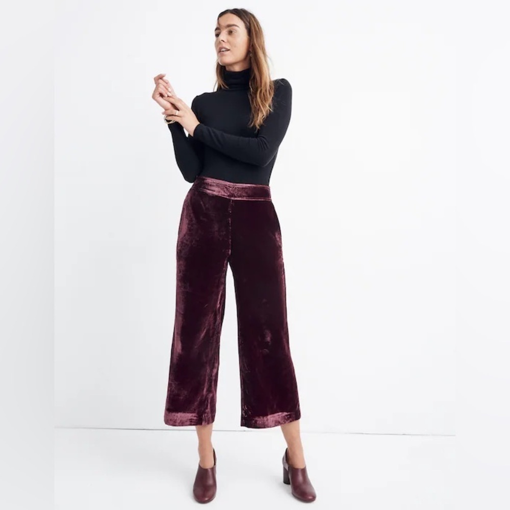 Madewell Huston Burgundy Velvet Wide Leg Crop Pants XS Wine Holiday Party